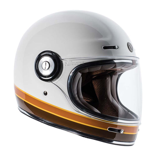 Vista lateral del casco TORC T1 Newport Iso Bars blanco con visor transparente y diseño de franjas retro