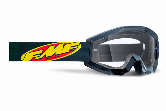 Goggles FMF Vision PowerCore negros con lente transparente y correa negra, código 78-3534.
