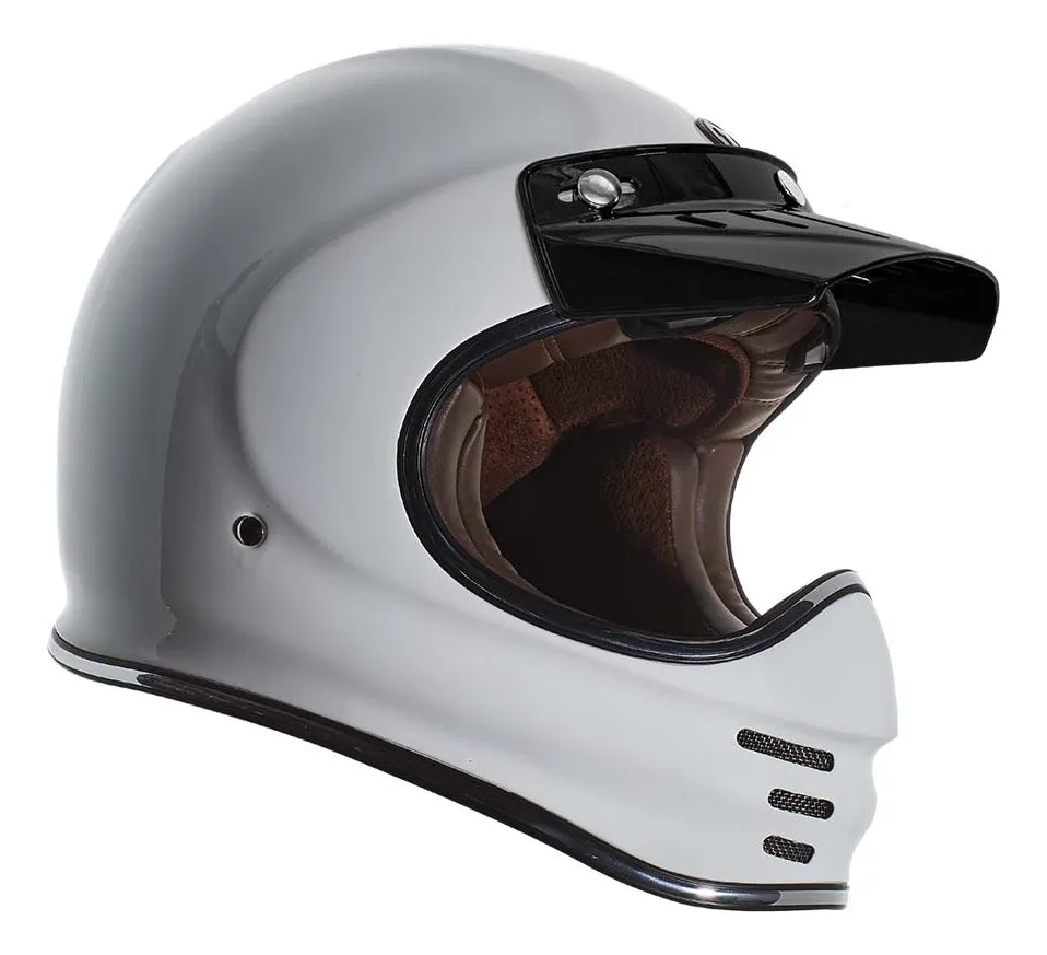 Vista lateral del casco motocross retro TORC Baja T3 blanco brillante con visera superior