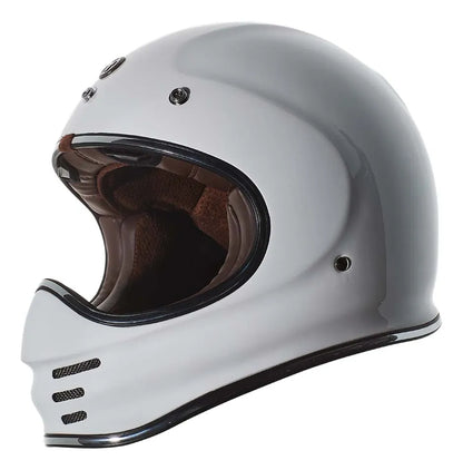 Casco TORC Baja T3 blanco brillante sin la visera desmontable, con los tres broches visibles