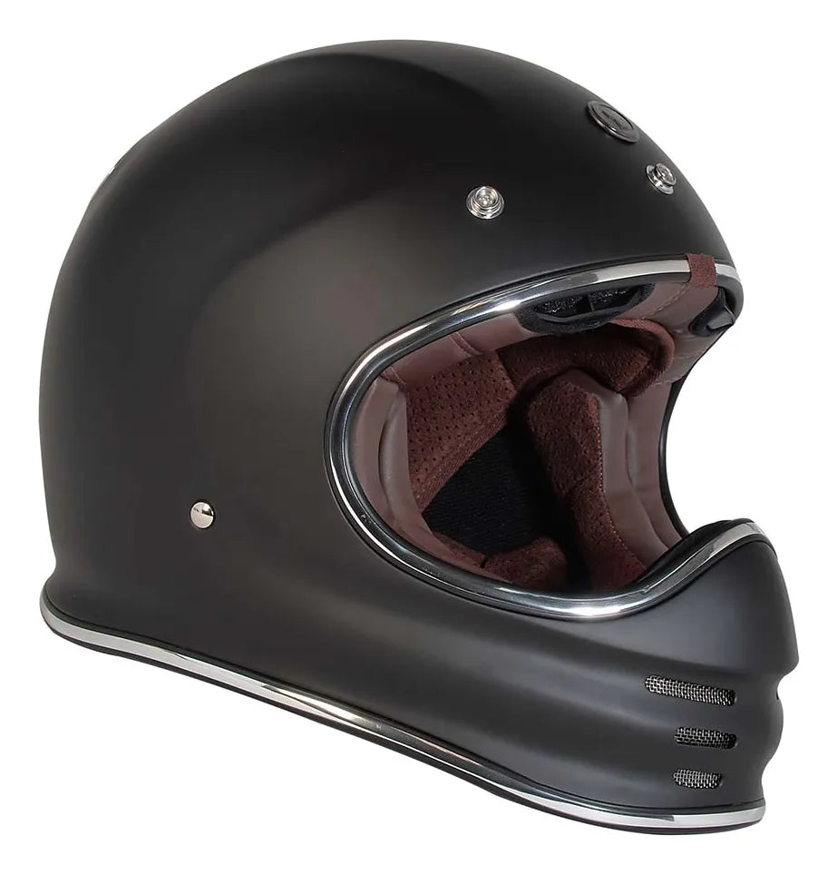 Vista lateral del casco motocross retro TORC Baja T3 negro mate sin visera superior