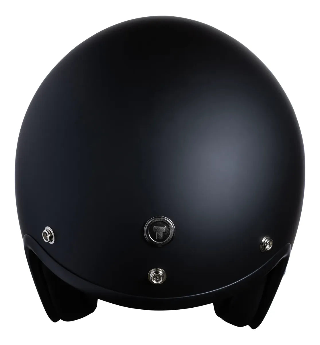 Vista frontal superior del casco TORC Del Mar T50 Matte Black con broches visibles