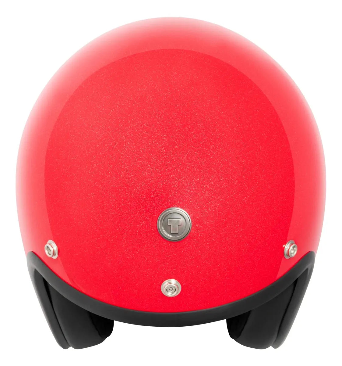 Vista frontal superior del casco TORC Del Mar T50 Metallic Red con broches visibles