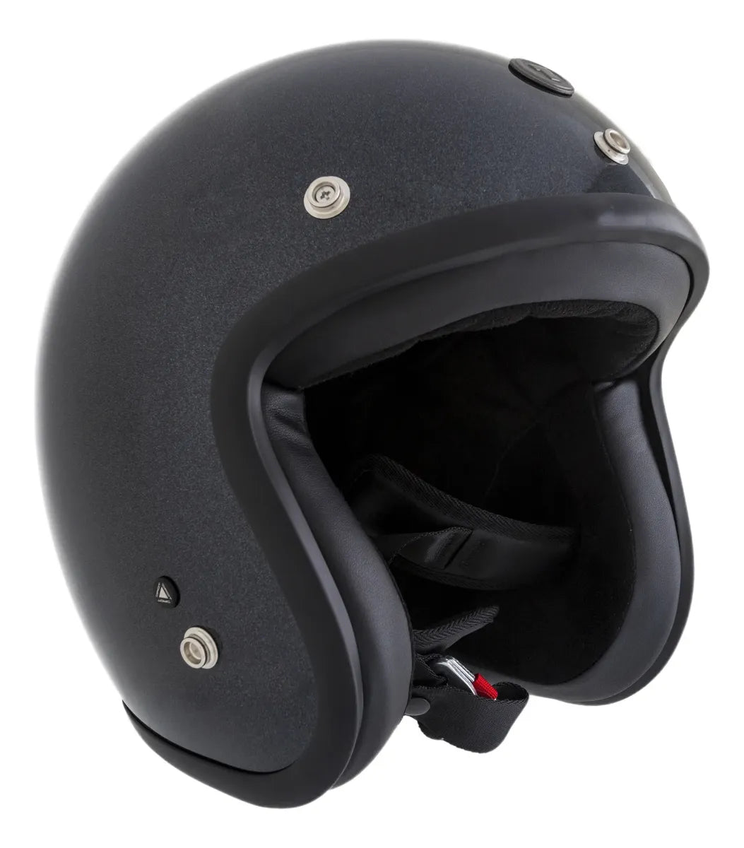 Vista lateral del casco abierto TORC Del Mar T50 negro metalizado sin visera superior