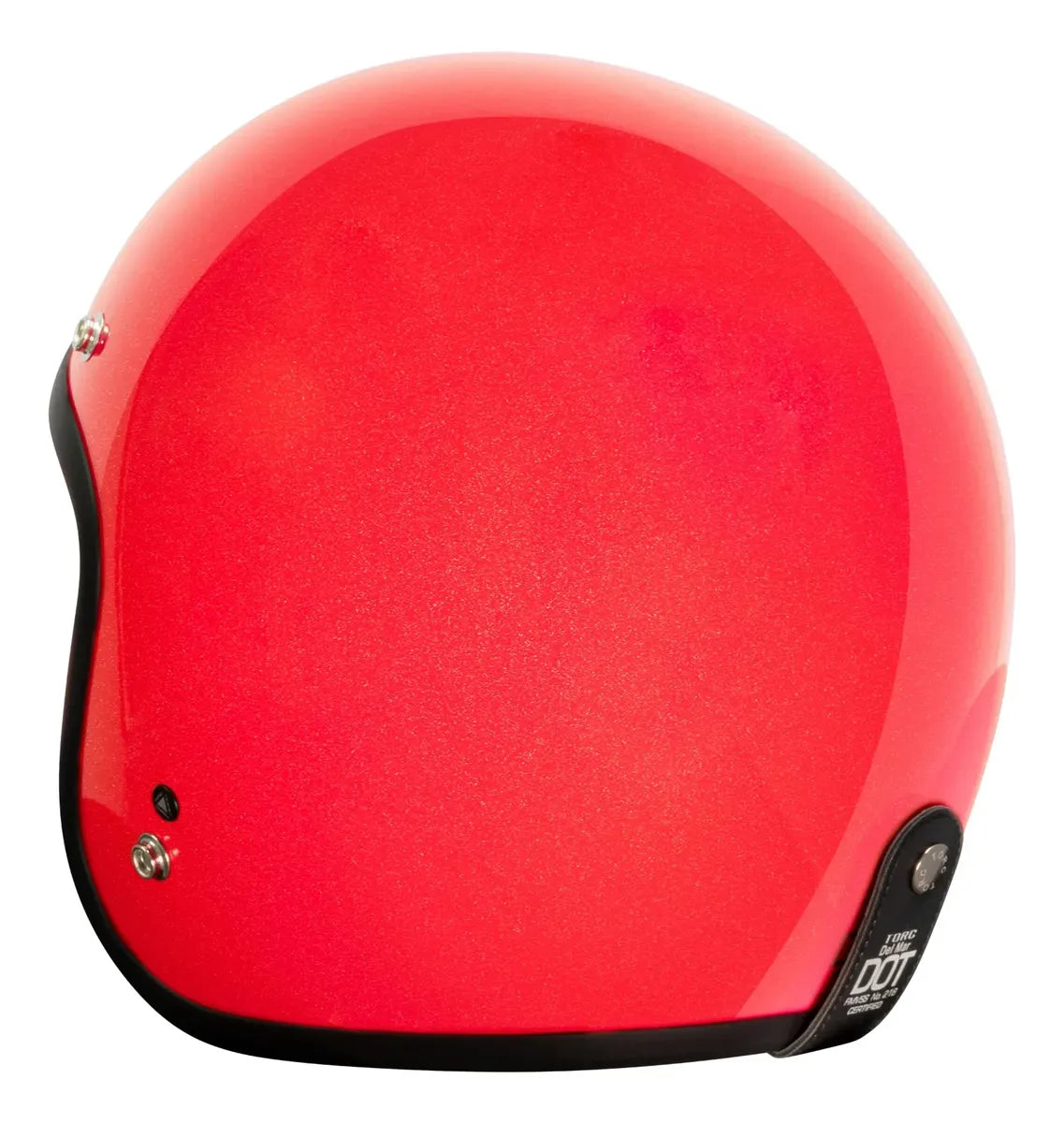 Vista posterior del casco TORC Del Mar T50 rojo metálico brillante con etiqueta DOT