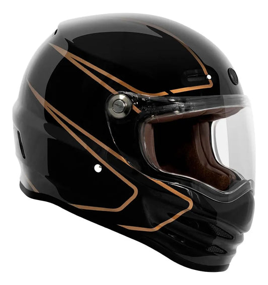 Vista lateral opuesta del casco TORC Pomona T9 Deep Stage con gráficos dorados