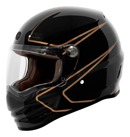 Casco integral TORC Pomona T9 Deep Stage negro brillante con líneas doradas y mica transparente