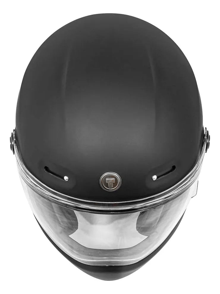 Vista frontal superior del casco integral TORC Pomona T9 Matte Black con entradas de aire