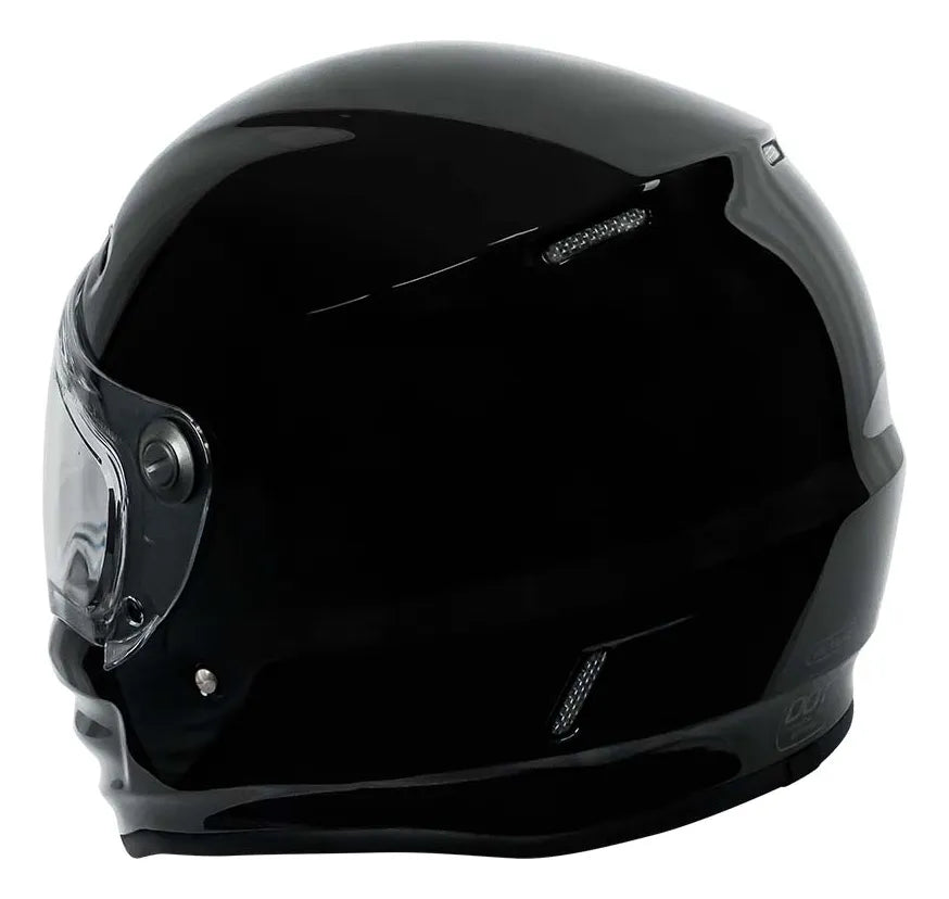 Vista lateral posterior del casco TORC Pomona T9 negro brillante con salidas de aire