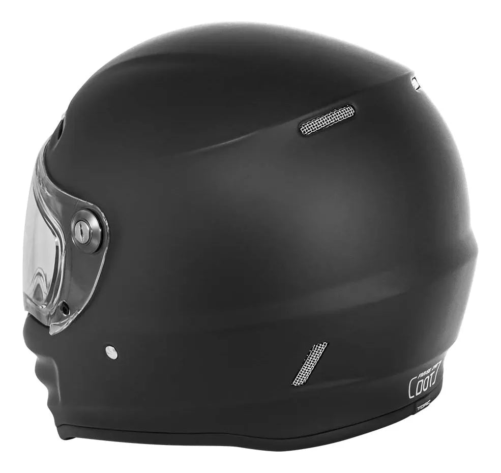 Vista lateral posterior del casco TORC Pomona T9 negro mate con salidas de aire de malla metálica