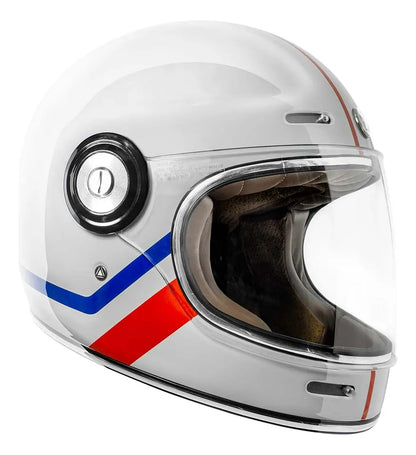 Vista lateral del casco TORC T1 Newport Allegiance blanco con diseño de franjas rojas y azules