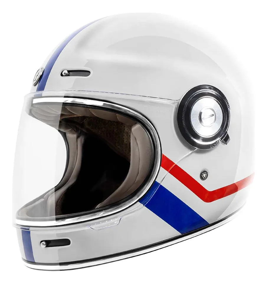 Casco integral TORC T1 Newport Allegiance blanco brillante con franjas rojas y azules, vista de tres cuartos