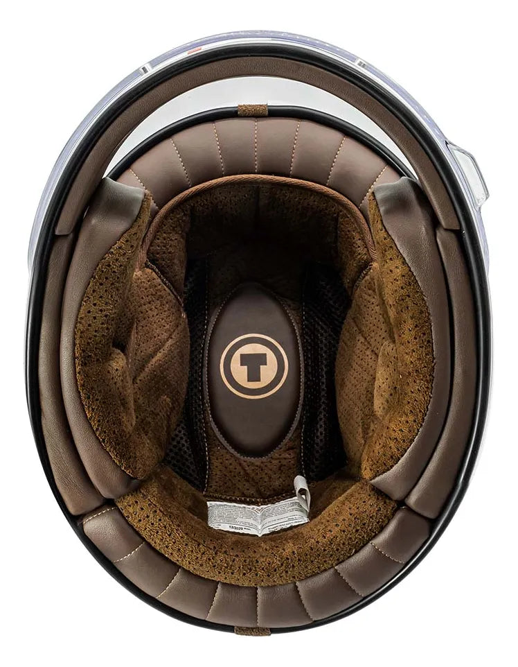 Interior del casco TORC T1 Newport Allegiance con acolchado café y logotipo TORC