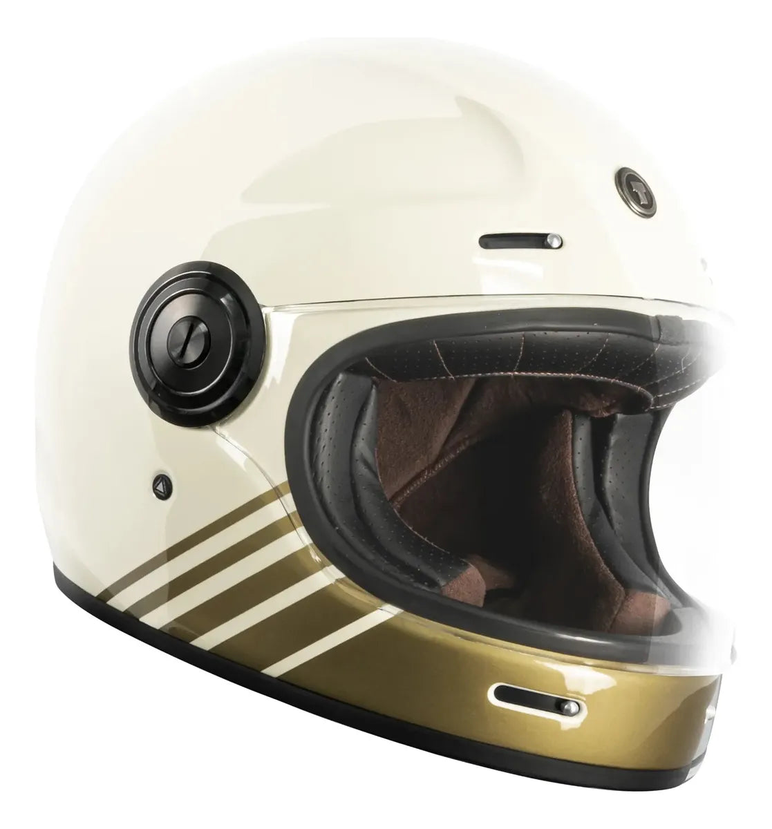 Vista lateral del casco TORC T1 Newport Breakers Cream con acabado crema brillante y líneas doradas