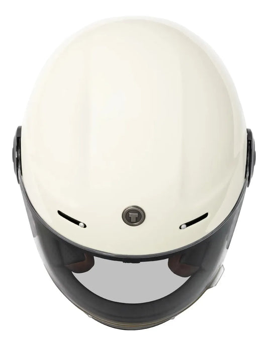 Vista superior frontal del casco TORC T1 Newport Breakers Cream con visor transparente y entradas de ventilación