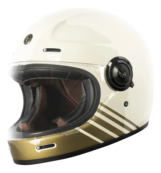 Casco integral TORC T1 Newport Breakers Cream color crema brillante con franjas doradas, vista de tres cuartos