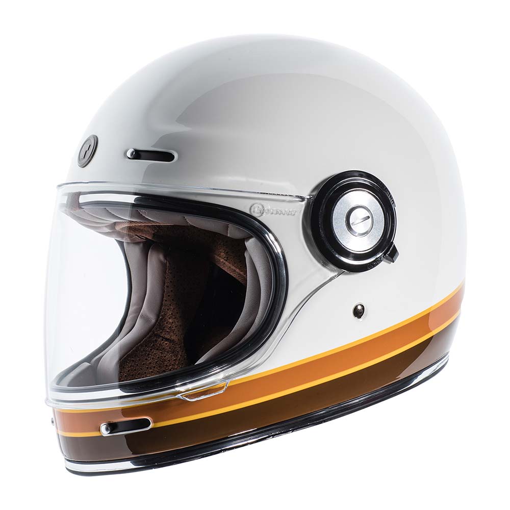Casco integral TORC T1 Newport Iso Bars blanco brillante con franjas café y amarillas, vista de tres cuartos