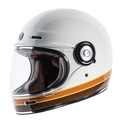 Casco integral TORC T1 Newport Iso Bars blanco brillante con franjas café y amarillas, vista de tres cuartos