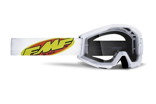 Goggles FMF Vision PowerCore blancos con lente transparente y correa blanca, código 78-3605.