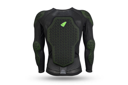 Vista posterior del peto UFO Plast Centurion BV1 negro y verde con protector de espalda y cinturón lumbar
